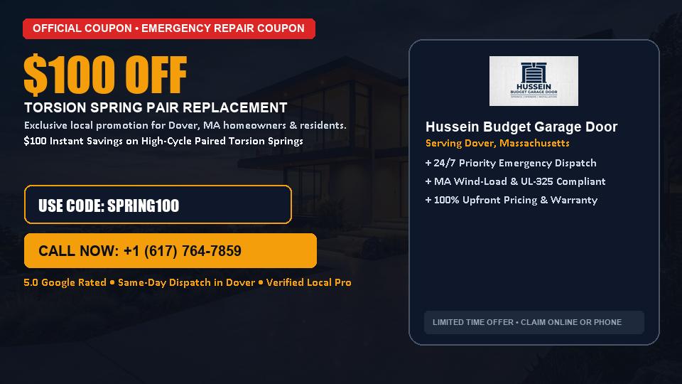 $100 OFF Dual High-Cycle Torsion Spring Replacement in Dover, MA - Hussein Budget Garage Door
