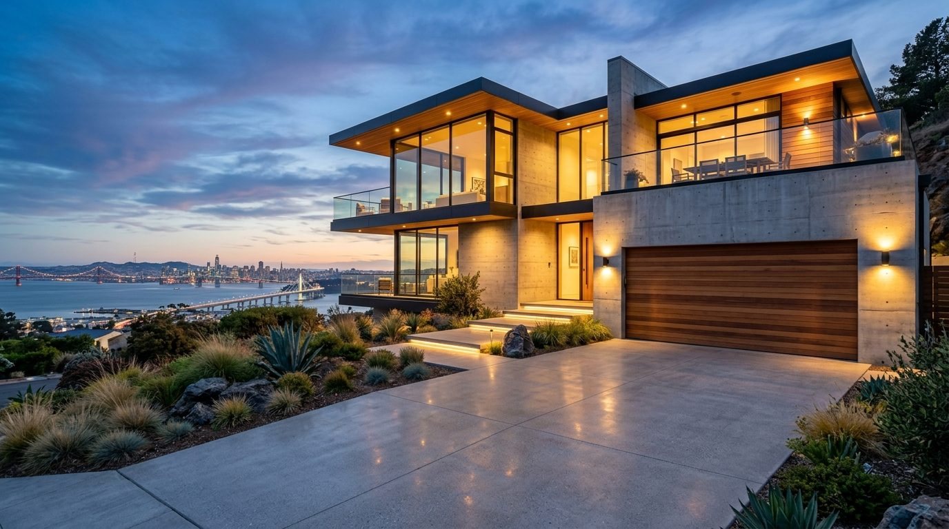 Hussein Budget Garage Door Exterior Closed Garage Door at Twilight